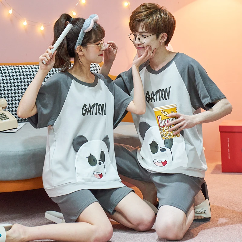 Sommer Paar Pyjamas Set Baumwolle Nachtwäsche Nachtwäsche Frauen Männer Cartoon Panda Pijama Koreanische Lose Liebhaber Pyjama Nacht Trägt