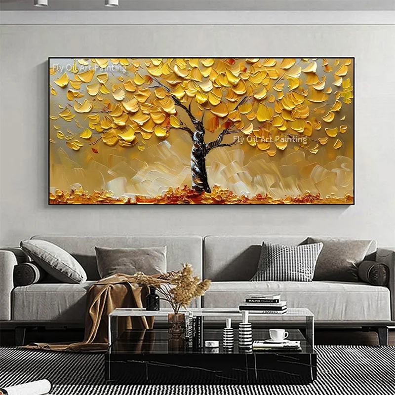 

Golden Tree Knife Thick Oil Painting Hand Painted Aesthetic Modern Treescape Canvas Artwork Abstract Wall Art For Home Decor