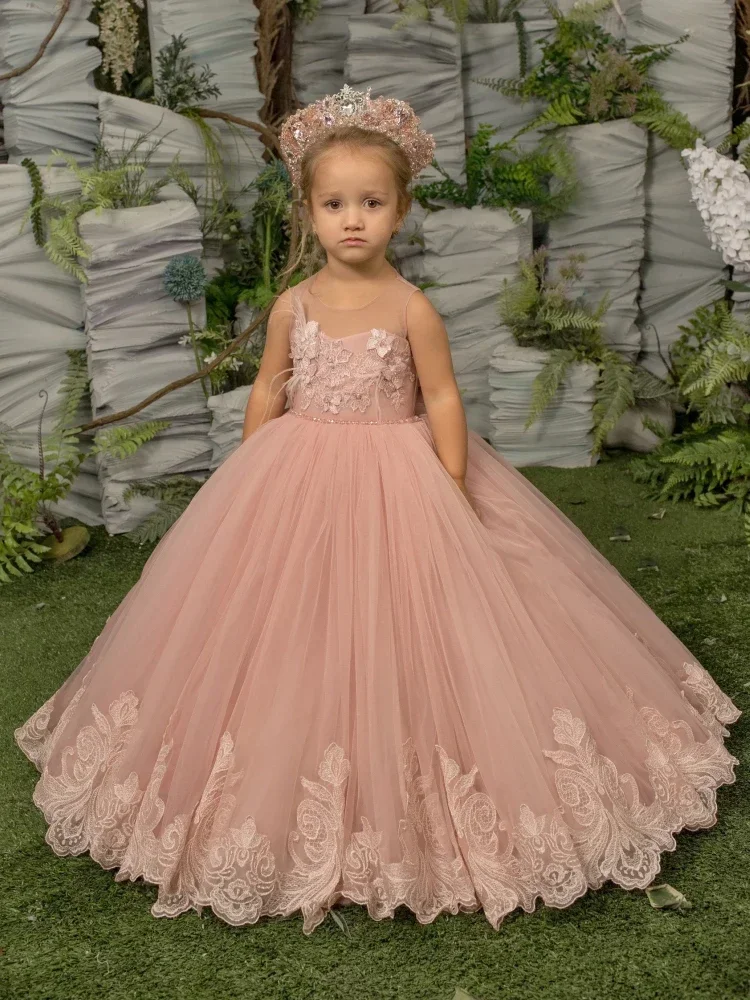 

Flower Girl Dresses Pink Tulle Puffy Appliques With Bow Sleeveless For Wedding Birthday Banquet First Communion Gowns