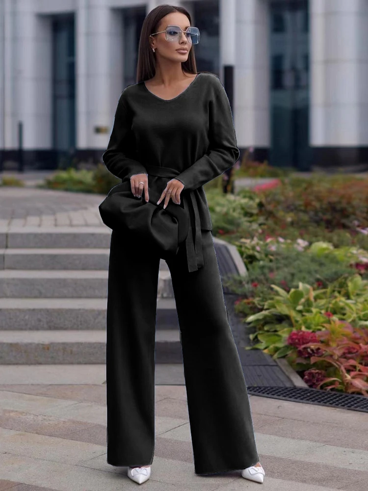 Wixra Women Sets Solid Autumn Winter V Neck Pullover Sashes Sweater+High Waist Loose Trousers Knitwear Elegant Female Sets