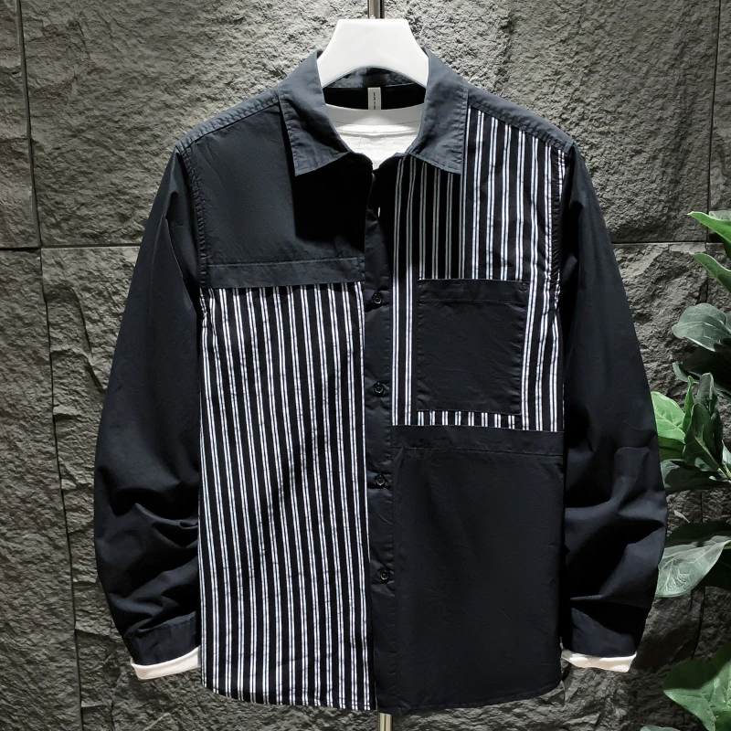 Autumn 2024 Men\'s New Spliced Square Collar Button Pocket Striped Fashion Minimalist Loose Casual All-match Long Sleeved Shirts