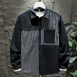 Autumn 2024 Men's New Spliced Square Collar Button Pocket Striped Fashion Minimalist Loose Casual All-match Long Sleeved Shirts