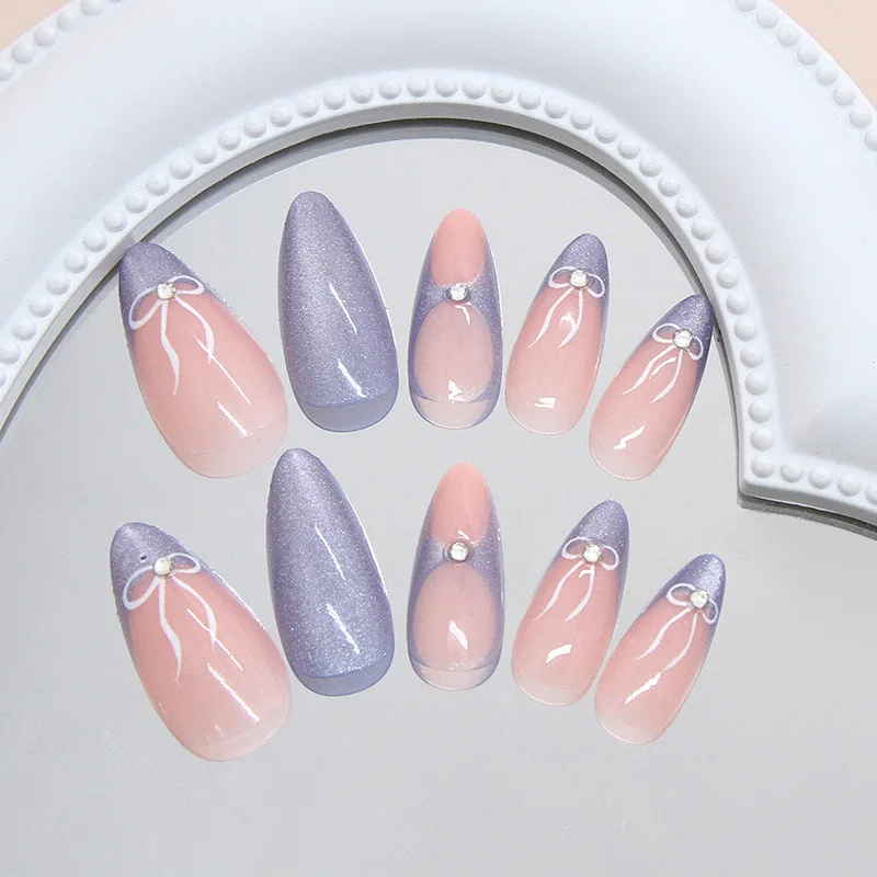 24pcs Milk Blue French Style Press On Nails Glitter Almond Cat's Eye Fake Nails With Bowknots Diamond Decor Charming False Nail