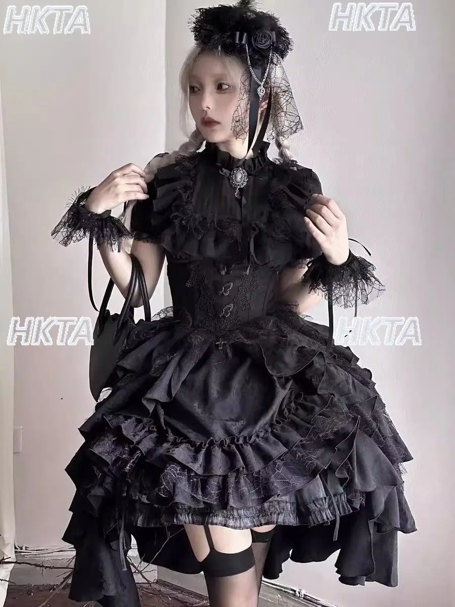Dark Goth Subculture Y2k Lolita Bubble Short Sleeved Shirt Top Girls Lace Jacquard Ruffle Skirt Halloween Black Skirt Set Women