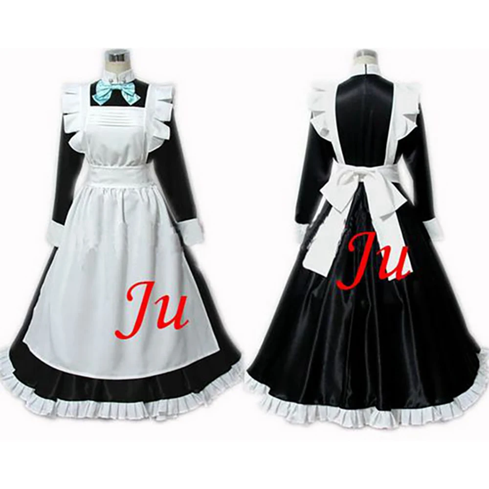 

fondcosplay adult sexy cross dressing sissy maid long black satin Lockable Dress Uniform white apron Costume CD/TV[CK631]