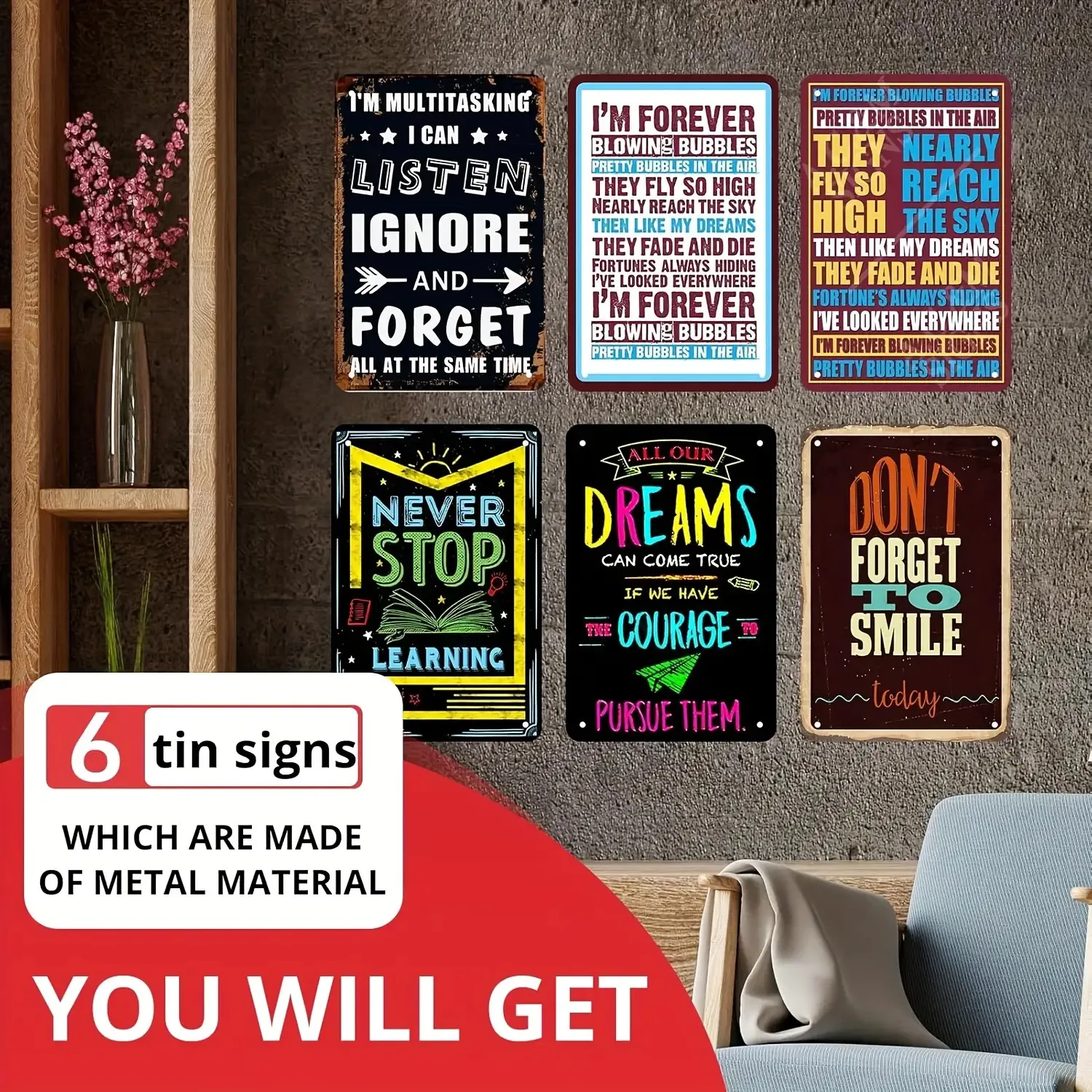 Weiyoubu Vintage Metal Sign Set, 6pcs, Suitable for Decorative and Eye-catching Vintage Metal Signs for Cafes, Bars, and Shops,