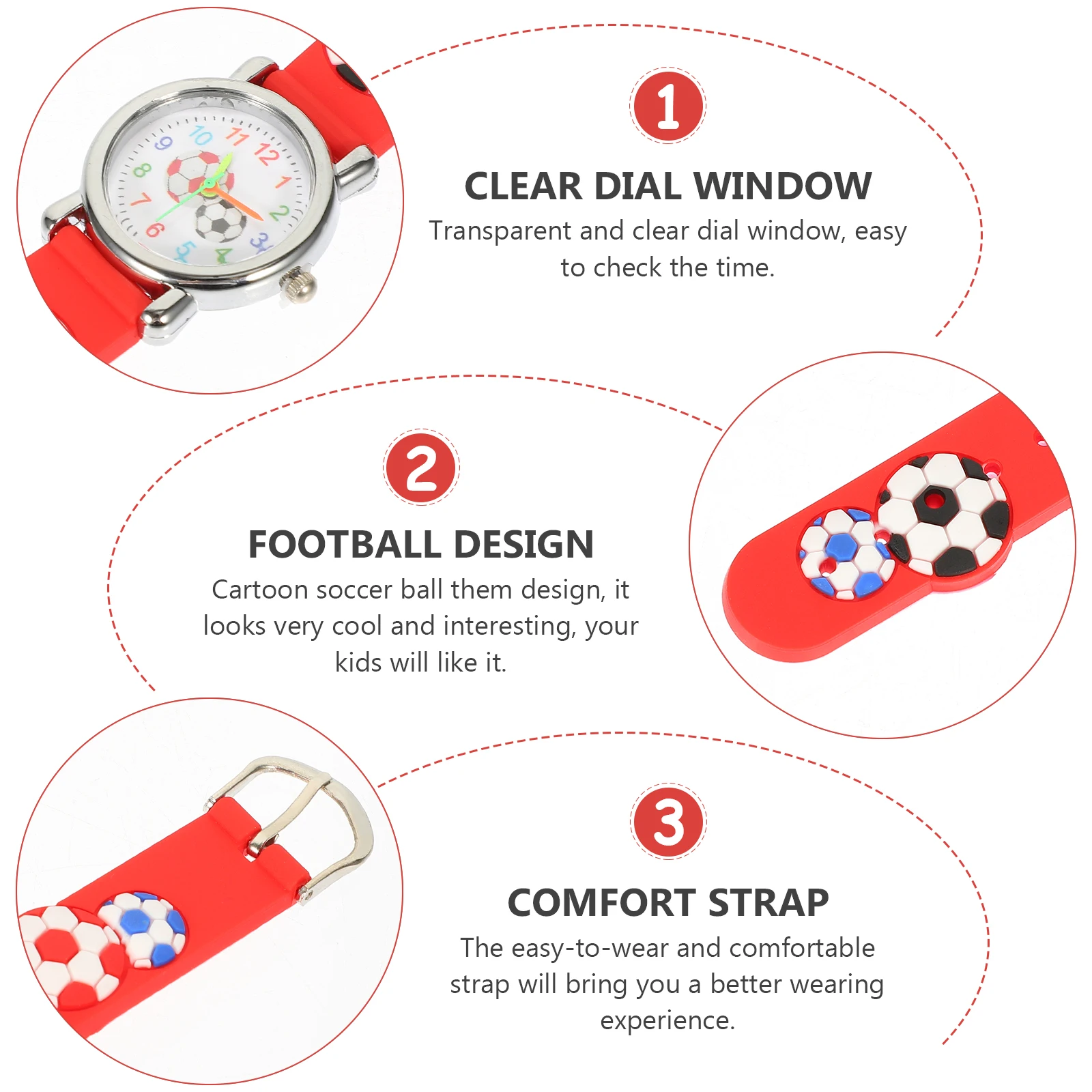 

Football Pattern Watch Soccer Ball Watch Durable Material Easy Time Reading Red Color Birthday Gift Children Wristwatch