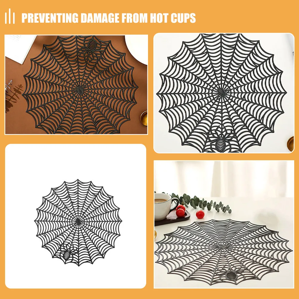 2Pcs Halloween Spiderweb Placemats Black Hollow Out Cobweb Design PVC Table Placemats for Spooky Parties Heat Protection Easy