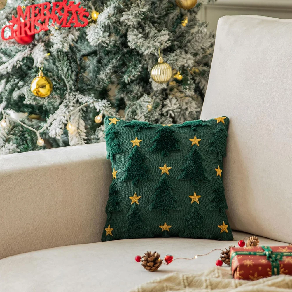 Christmas Tree Throw Pillow Cover with Yellow Embroidered Star Pillowcase Soft Living Room Decor for Winter Holiday Decoration