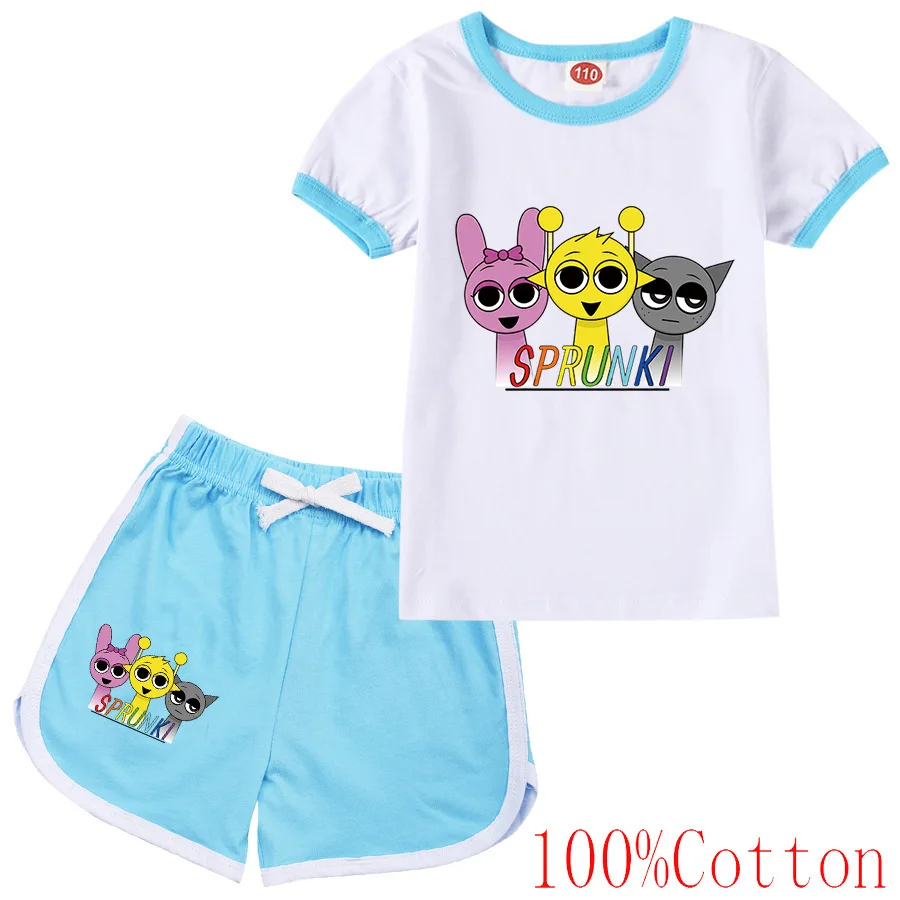 Cute Sprunki Cartoon Girls Clothes Summer Clothing Set Kids Boys Sports Suit T Shirt + Pants Baby Kids Outfits Pajamas Best Gift