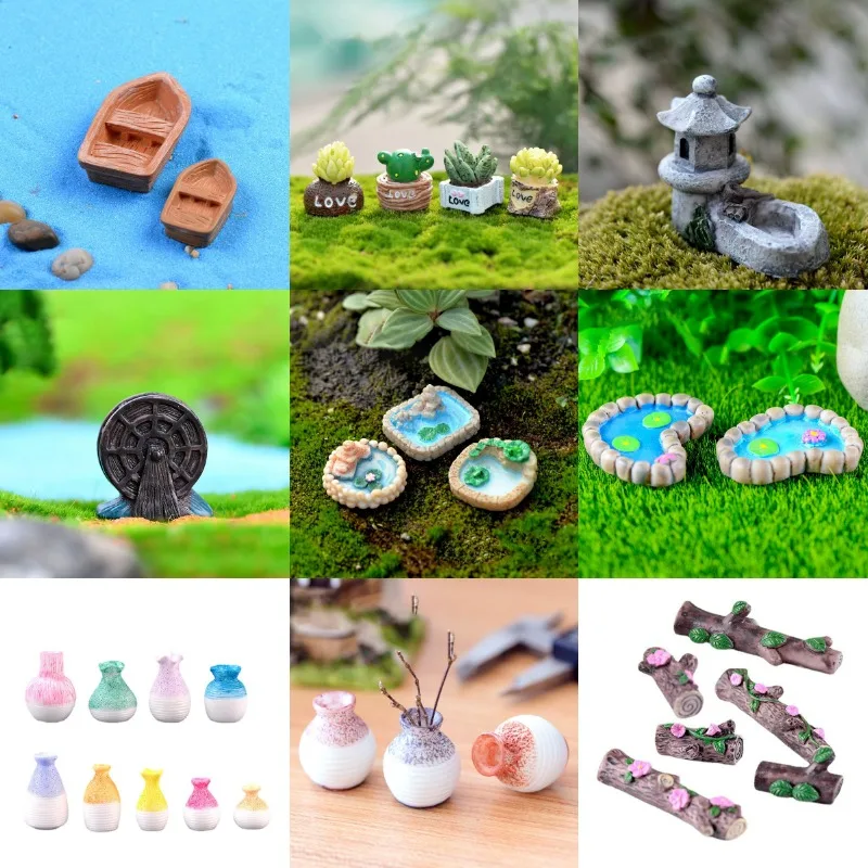 30 Uds. De resina para barco, piscina, florero con rueda de agua, tocón de árbol, maceta en miniatura, florero de boca pequeña, adorno, decoración de jardín de hadas