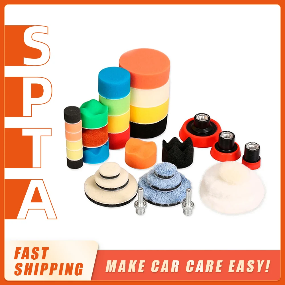 SPTA 29Pcs 1/2/3inch Waxing Sponge Polishing Pad Woolen Pads Backing Plate Car Polishing Tool System for DA/RO Polishing Machine