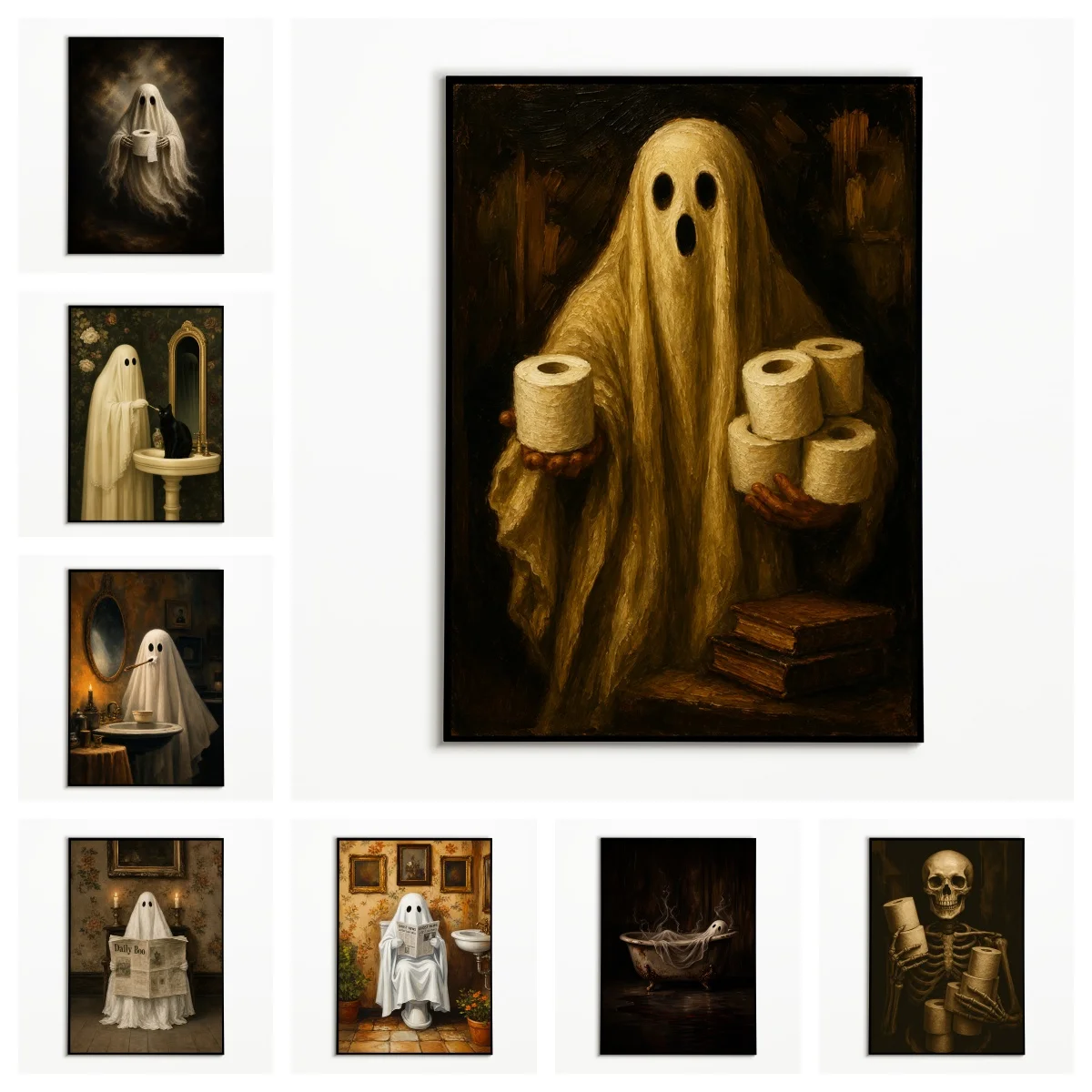 1 Stück Herbstliches Retro-Poster mit Lustigem Geister-Totenkopf als Badezimmer-Thema, Halloween Gruselige Toiletten-Wandkunst, Rahmenloser Leinwanddruck