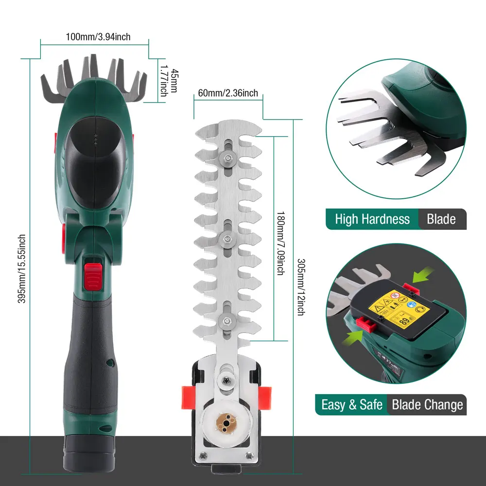 12V Cordless Hedge Trimmer& Grass Shear 2000mAh Lithium-Ion Detachable Battery with Shrubber and Grass Baldes Including Charger