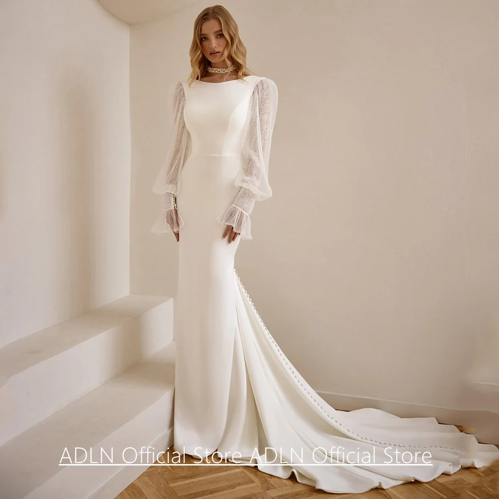 

Mermaid Wedding Dress Customized Scoop Neck Puff Sleeves Court Train Stretch Woman Bridal Gown Muslim Bride Dresses