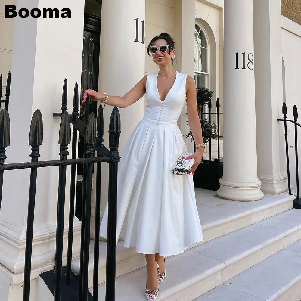 

Booma A-Line Midi Wedding Party Dresses Deep V-Neck Sleeveless Satin Bridals Dress for Women Tea-length Prom Evening Gowns
