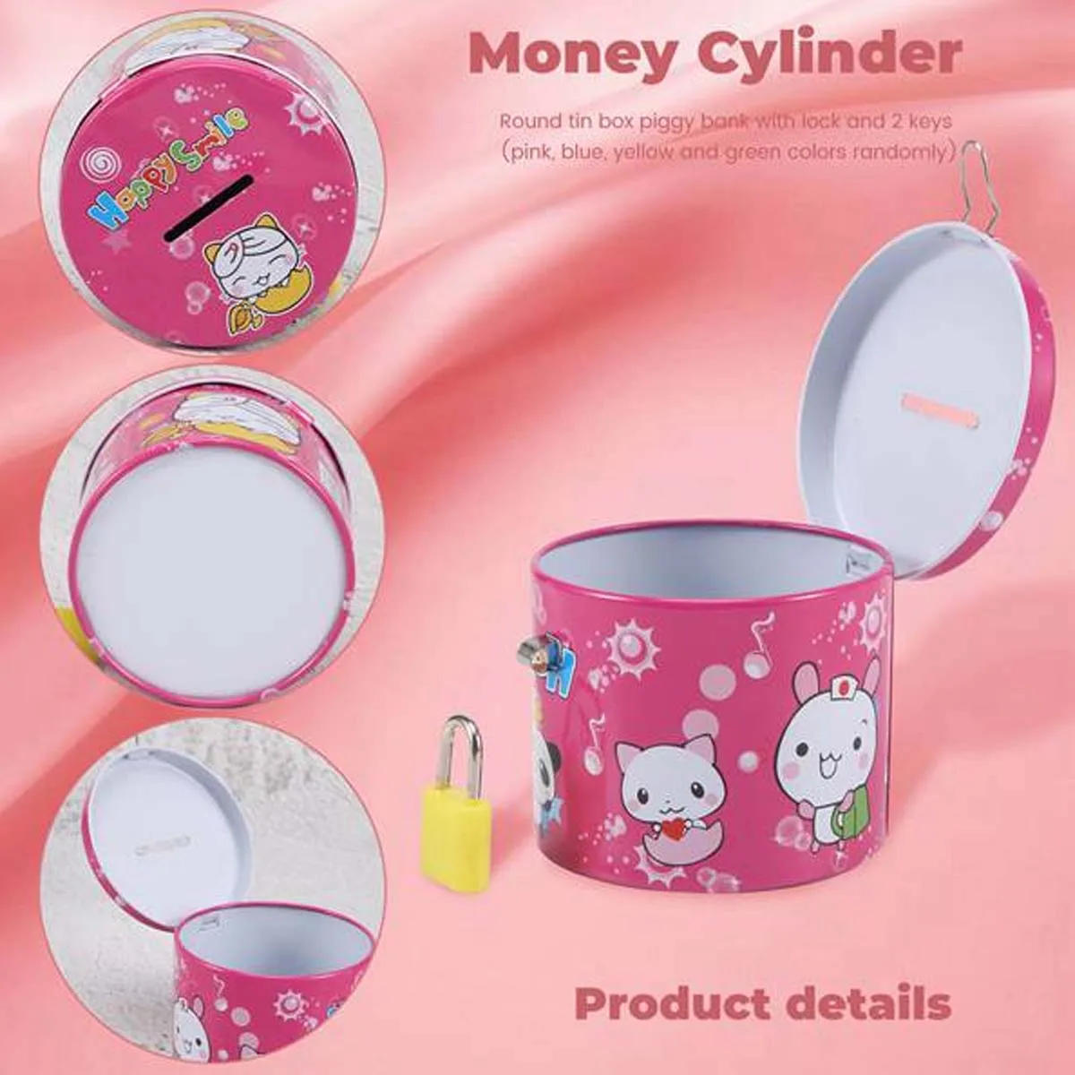 Cartoon Print Piggy Bank, Coin Money Saving Box with Padlock, Cylinder Design