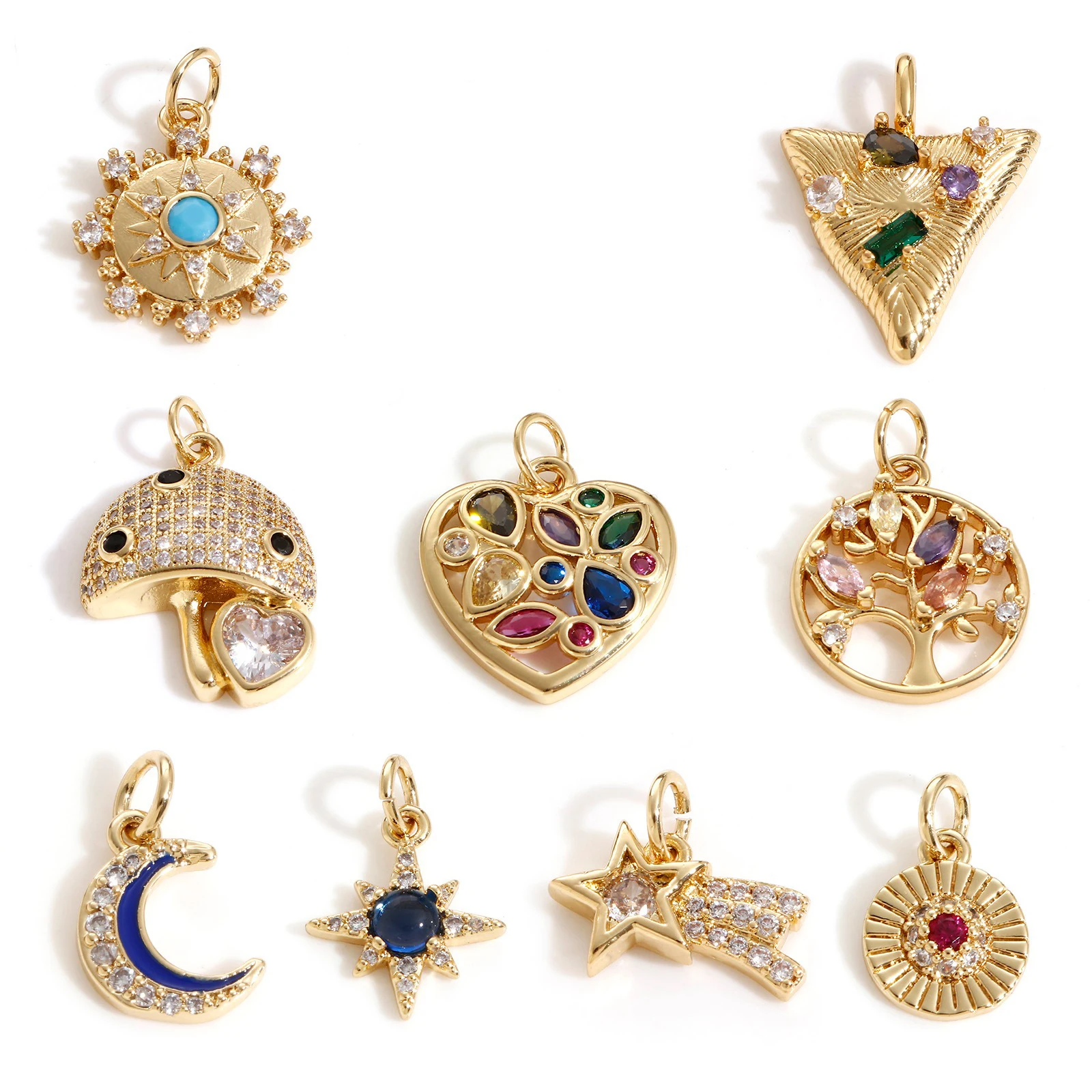 1pc Copper Charms Gold Color Geometric Star Moon Heart Multicolor Rhinestone Pendant DIY Necklace Bracelets Women Party Jewelry