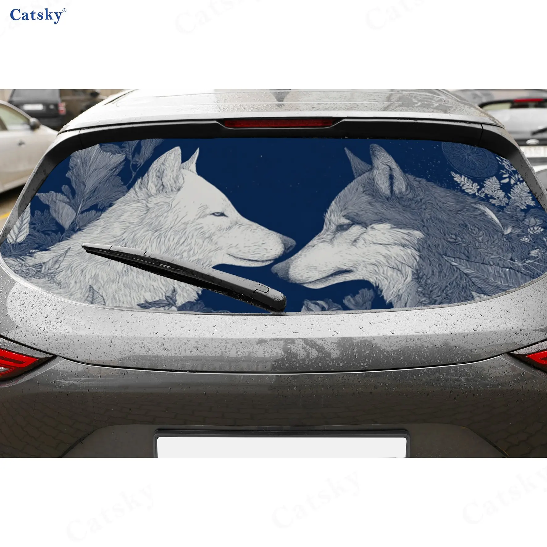 

Symmetric Wolf Totem Retro Natural Pattern PVC Perforated Car Vinyl Wraps, Durable Car Rear Windshield Sticker, Waterproof Car R