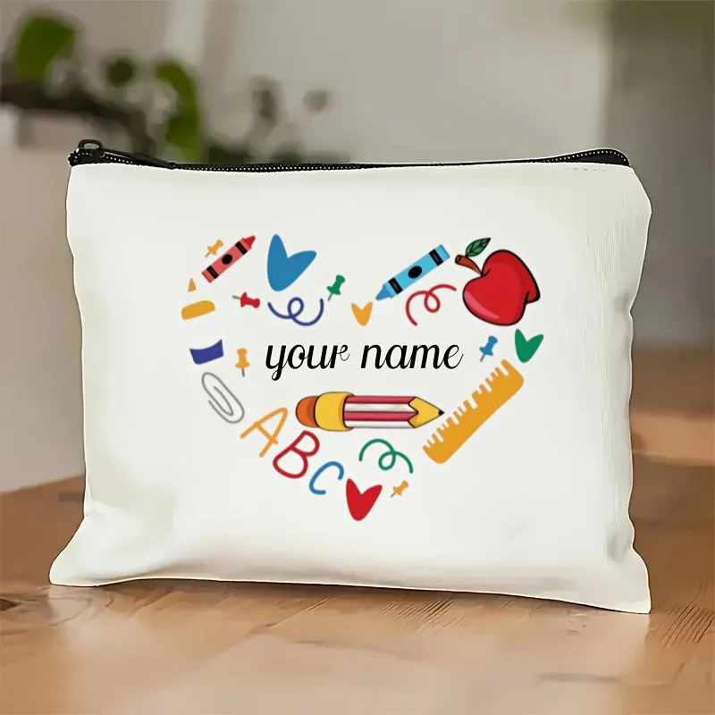 Custom Name Heart Print Large Capacity Zipper Makeup Bag Travel Toiletry Bag Pencil Case Gift Bag Multi Purpose Organizer