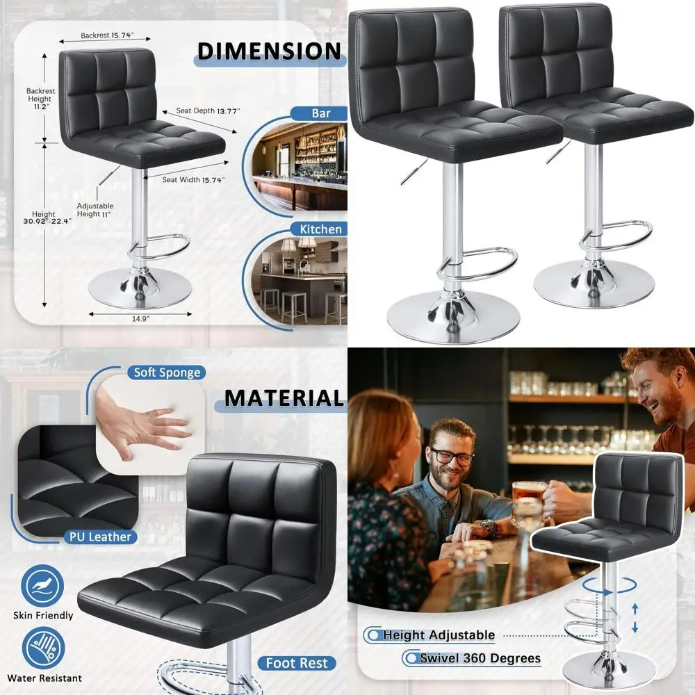 

Регулируемые поворотные барные стулья из искусственной кожи, высокие сиденья для кухонного острова, комплект из 2 штук (черный)