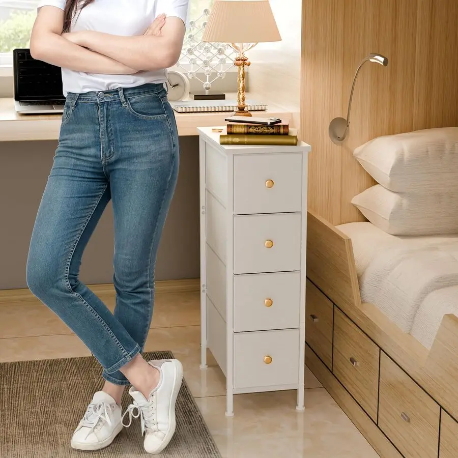 좁은 수납장, 4개의 서랍이 있는 좁은 침대 옆 탁자, 작은 공간을 위한 슬림한 패브릭 드레서 수납 타워, 화이트 드레
