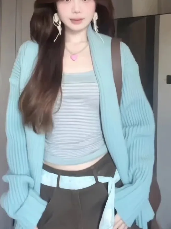 Solto azul camisola de malha cardigan feminino coreano sle outono inverno nova chegada confortável preguiçoso high end sentimento outerwear