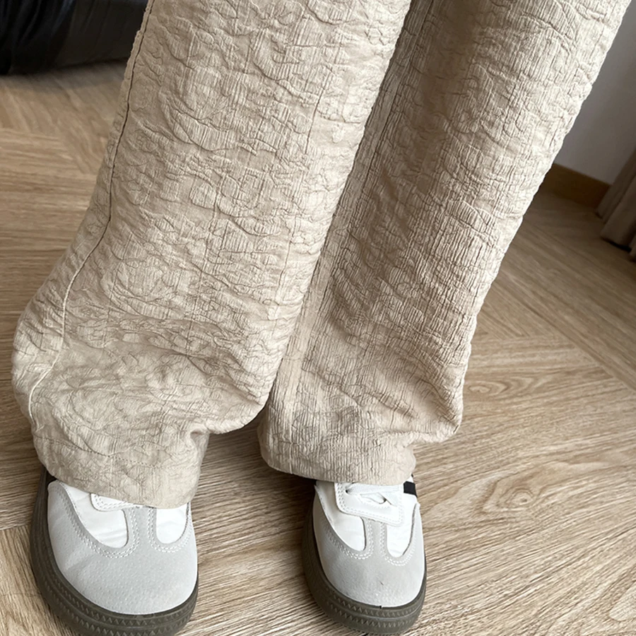 Women's Casual Wide-Leg Pants with Elastic Waistband & Side Pockets - 3D Jacquard Textured Fabric, Khaki Solid Color