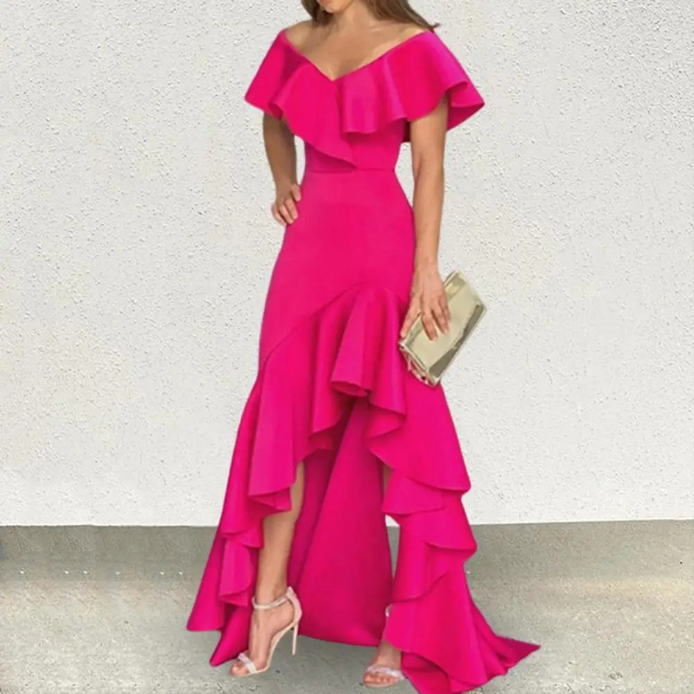 Solid Color Dress Elegant Ball Gown Maxi Dress V Neck Slim Fit Irregular Hem for Parties Banquets Evening Events Solid Color