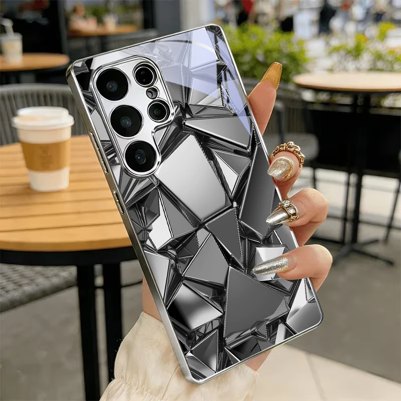Chrome Geometric Fracture Electroplated Silver Phone Case For Samsung S23 Plus S22 Ultra S21 S20 FE S24 S25 S26 Note 10 20 Cover