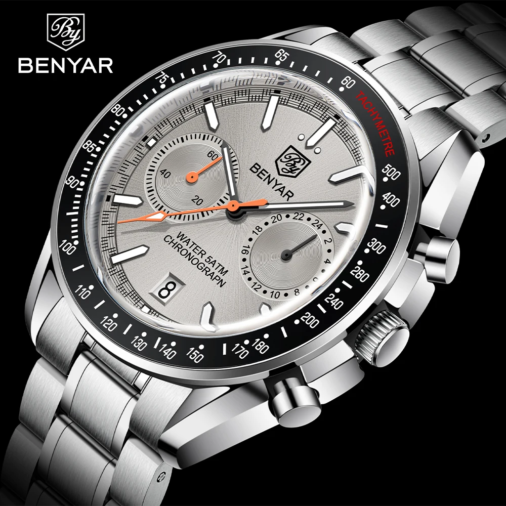 BENYAR Top Brand New Luxury Men Quartz Wristwatches 50M Waterproof Stainless Steel Strap Casual Men Chronograph Watch for Men