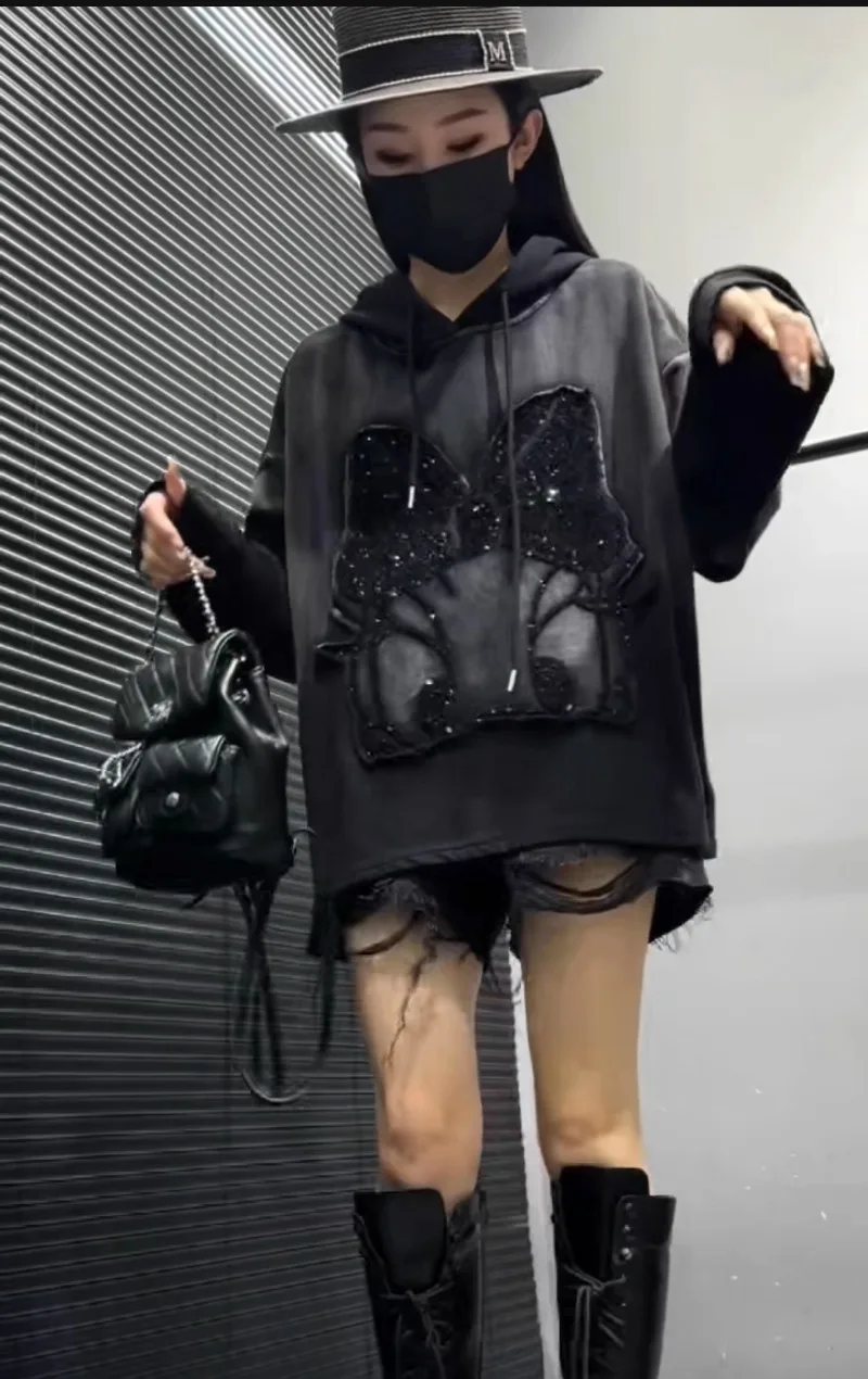 Hooded Embroidered Sequins Design Cute Sweatshirt Coat Women's 2025 Autumn New Korean Style Loose Top Long-sleeved Hooded Jacket