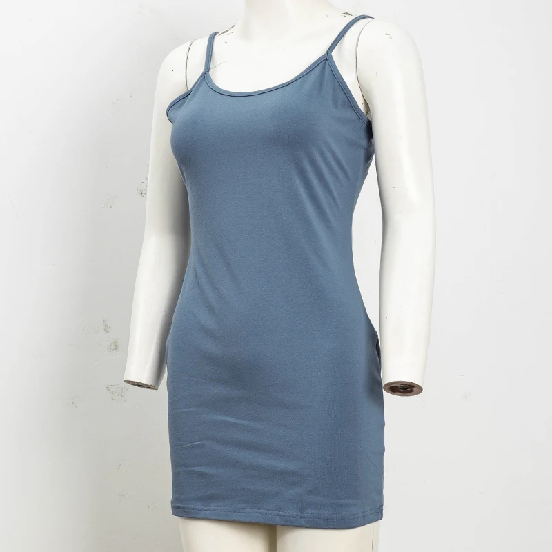 Baumwoll-Spaghettiträgerkleid Damen Basic Schlankes Ärmelloses Minikleid – Detail 7