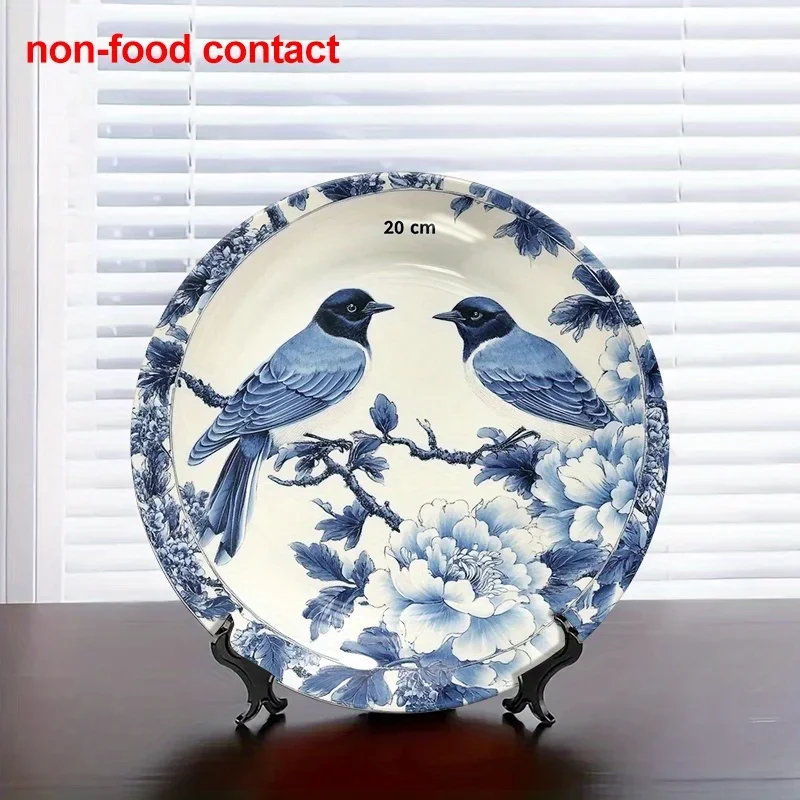 1pc Blue Bird Peony Porcelain Decorative Plate 8 Inch Round Ceramic Hanging Wall Art Plate Non-Food Contact Vintage Decorative