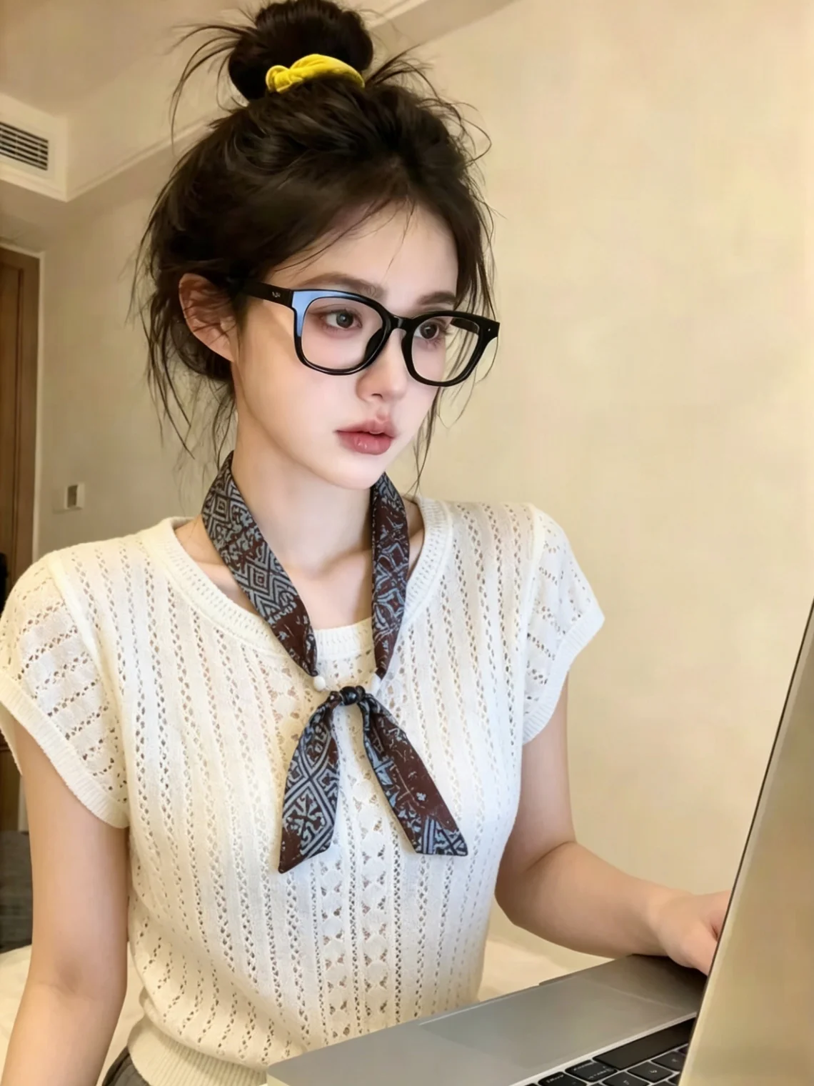 

Retro Silk Scarf Hollow out Knitwear Women's Summer New Style Versatile Top Self-Keeping Design Korean Style Straight Cut