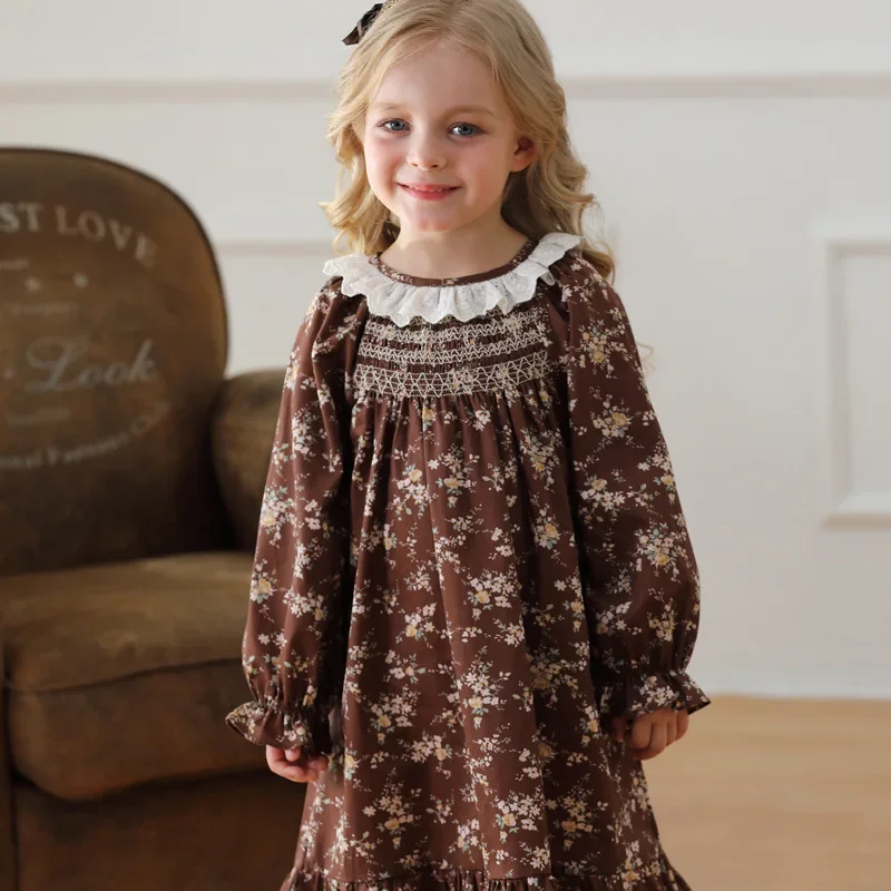 Vestido Retro de moda para niña, vestido de princesa con volantes de otoño 2024, vestidos informales de algodón, ropa para fiesta de vacaciones para niños