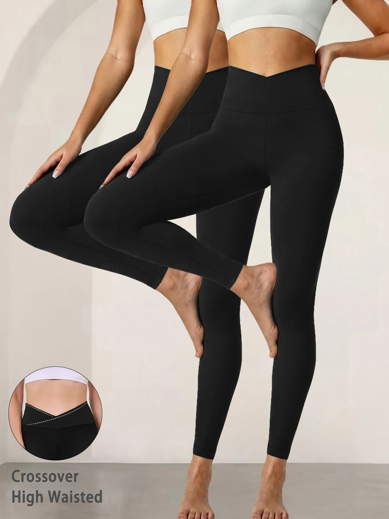 

2 pack Women's Super Soft Crossover High Waisted Leggings Tummy Control No See Through Workout Yoga Running Leggings