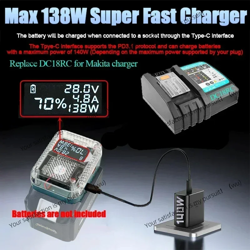 Lithium Battery Case Adapter Converter For Makita For DeWalt For Milwaukee For M18 For Bosch Charger USB Type-C Power Bank 138W