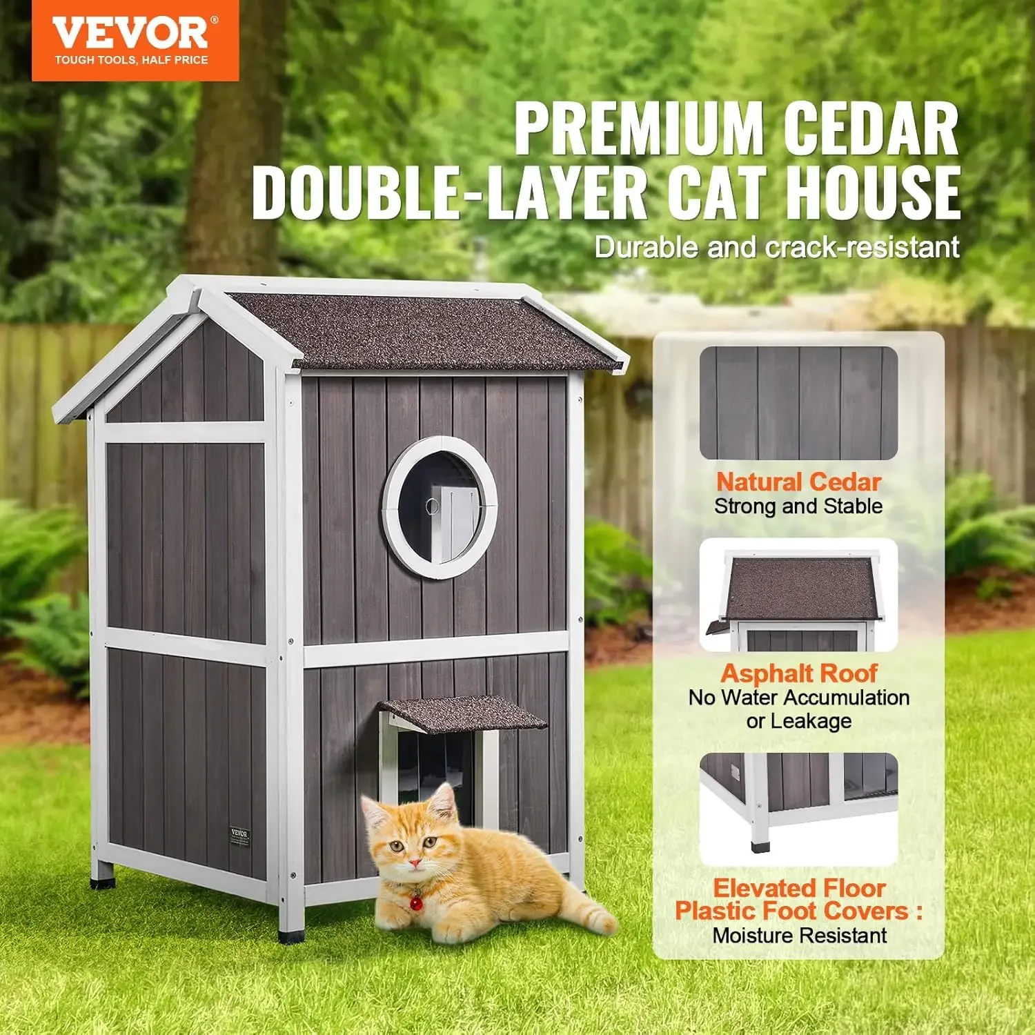 Outdoor Cat House Weatherproof, Feral Cat Shelter for Multiple Cats, 2-Story Large Outdoor Wooden Cat House with Doors