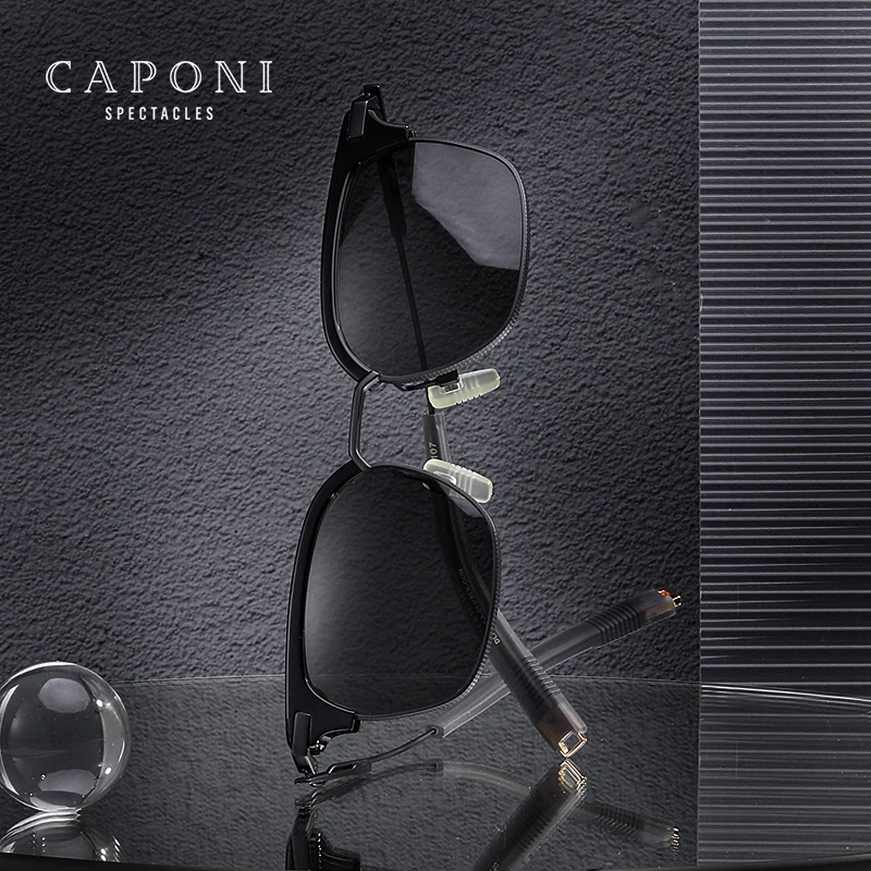 CAPONI Black Polarized Shades For Men Fashion Retro Brand Design Sunglasses Driving Anti Glare Titanium Frame Sun Glasses CP5224