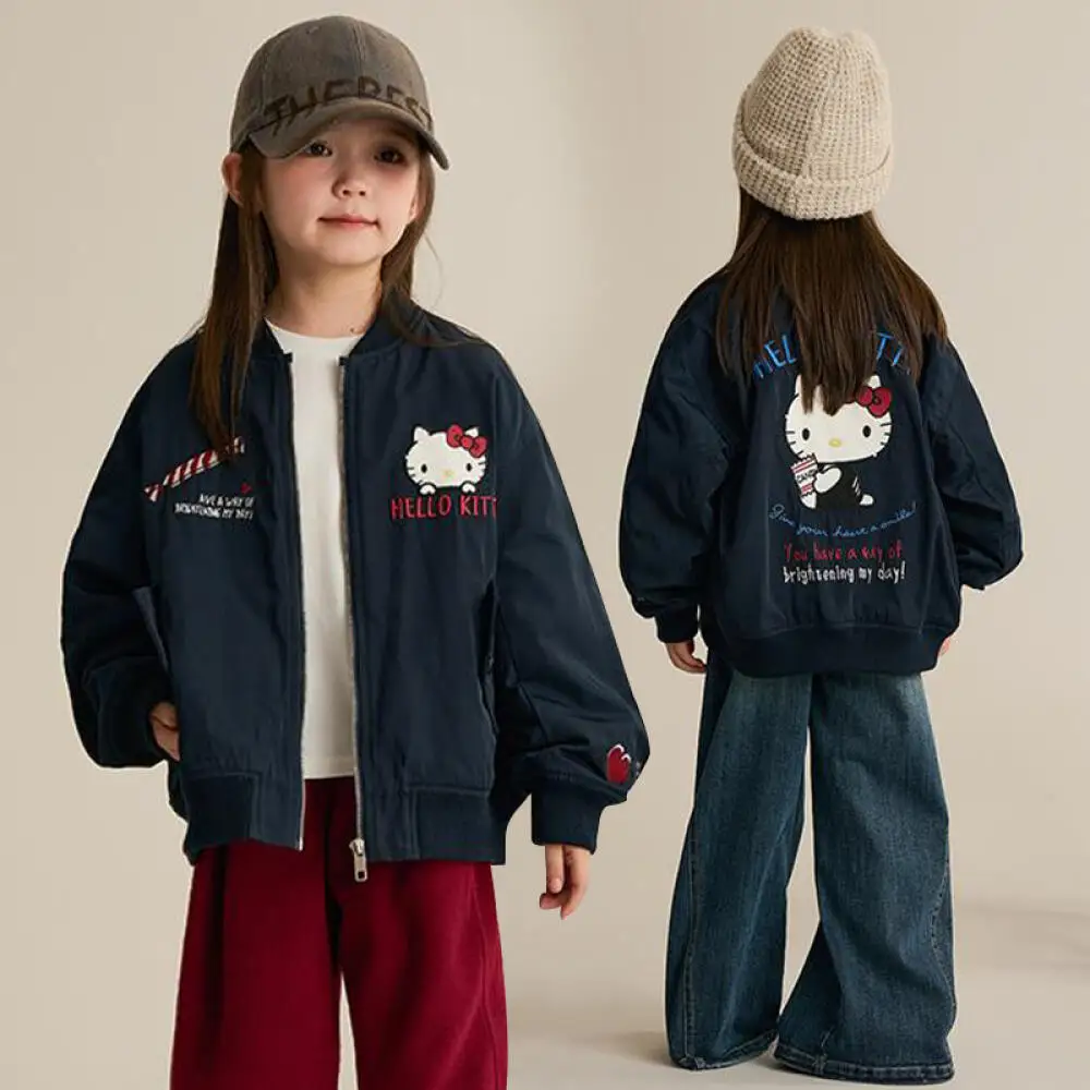 

Sanrio Hello Kitty, осенняя одежда для девочек, хлопковая куртка с вышивкой, детский летный костюм Kitty, осень 2021, новая бейсбольная форма