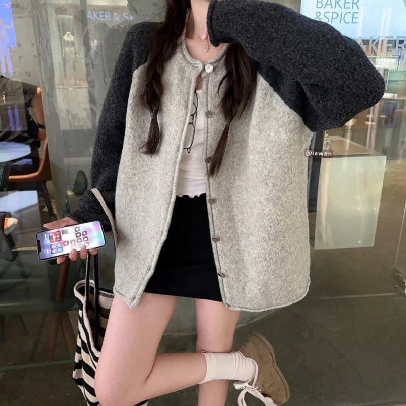 

Harajuku Retro Long Sleeve Cardigan Women Y2K Raw Edge O-Neck Knitted Jacket Autumn Japanese Contrasting Single Breasted Sweater