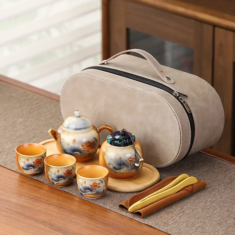 Retro Imitation Wood Fired One Pot Three Cup Camping Travel Tea Set Outdoor Luxury Gift Portable Travel Quick Ceramic Tea Set
