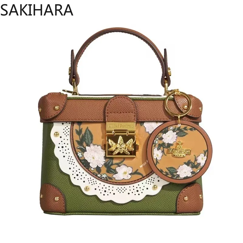 Shoulder Bag Women French Cow Leather New Arrive Vintage Patchwork Contrast Color Casual Embroidery Floral Bolsos Para Mujer