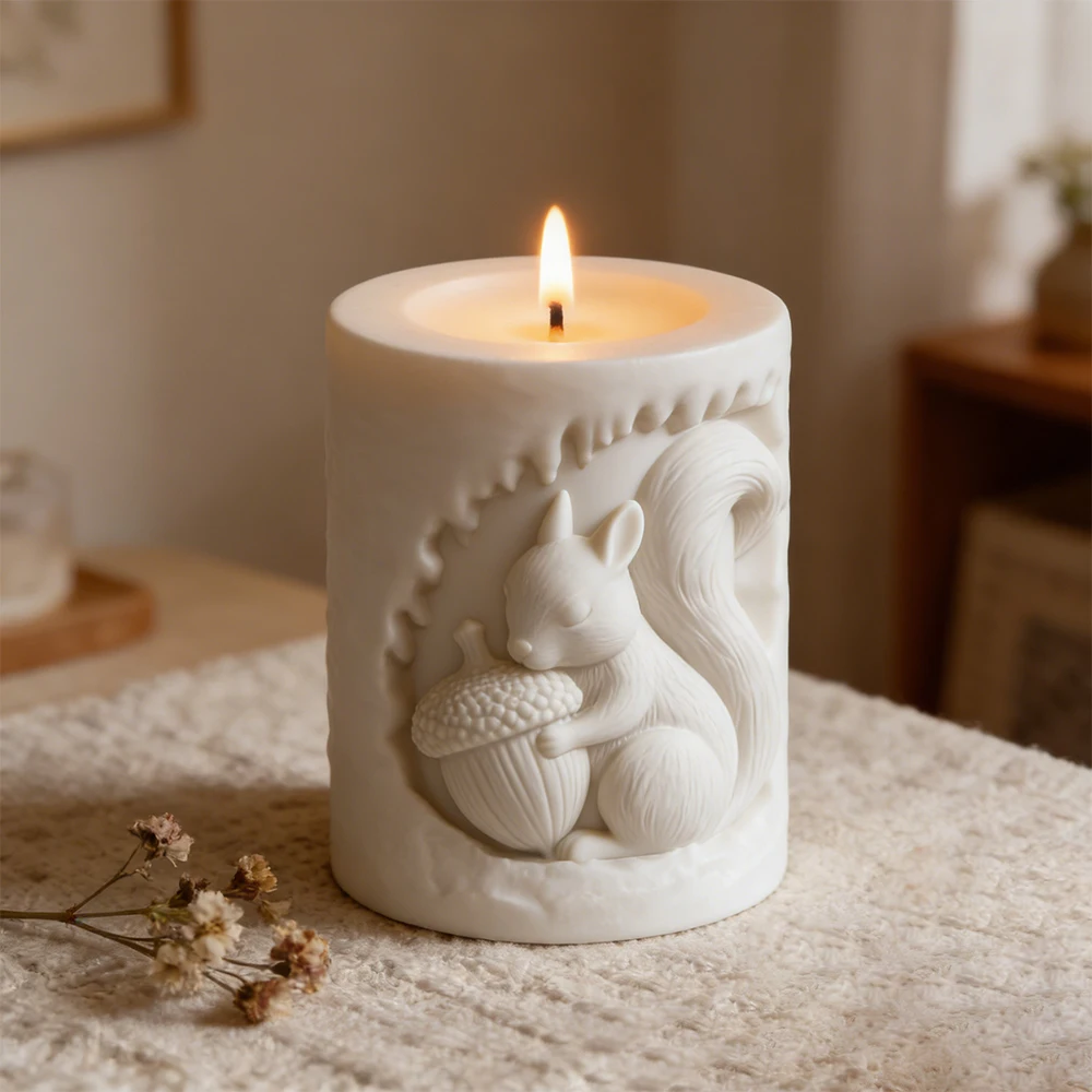 S0317  Creative Squirrel Relief Cylindrical Design Handmade Soap Candle Making Silicone Mold for Home DIY Crafting