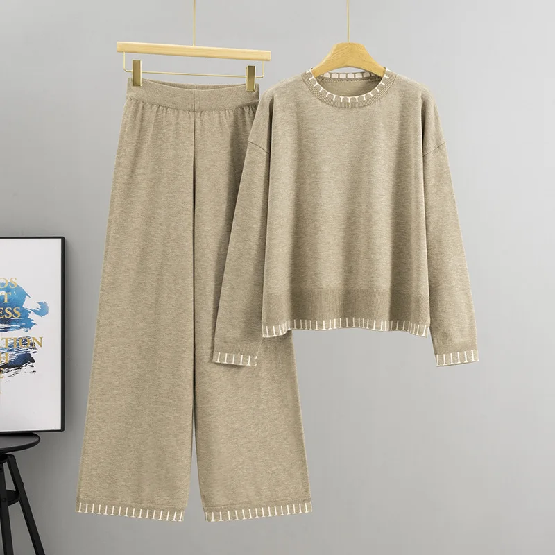 

Sweater Knitted Women Matching Sets O Neck Jumpers Long Sleeve Solid 2026 Loose Fit Casual Pockets Wide Leg Pants Spring