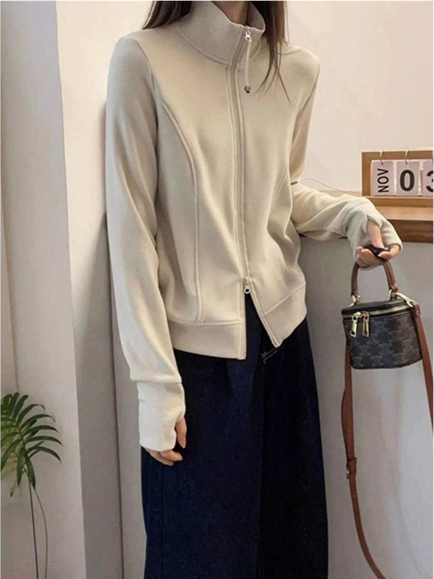 Fluwelen sweatshirt met dubbele ritssluiting en opstaande kraag Dames herfst-wintermode korte mouw Trendy top A-lijn rok met hoge taille