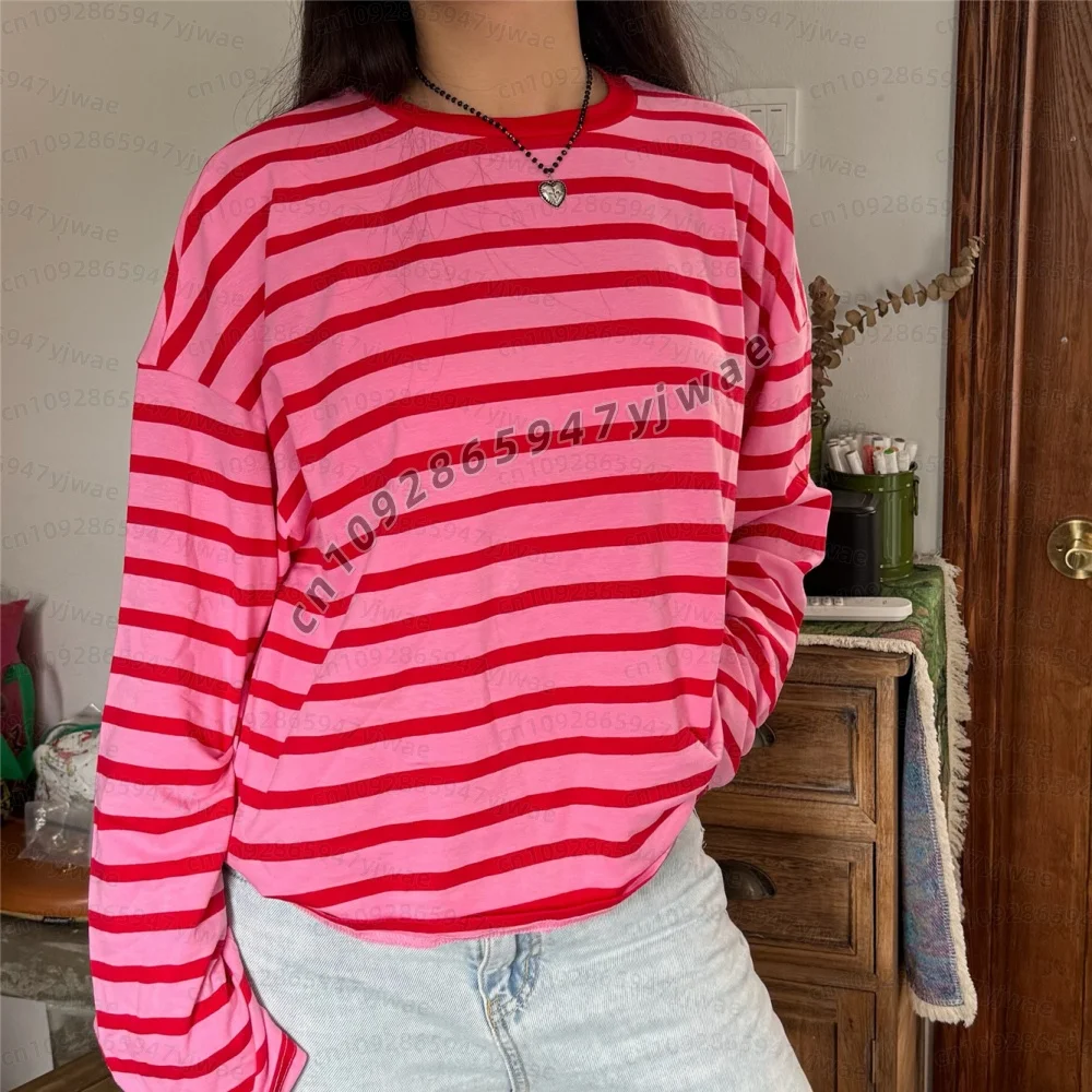 Y2k Teen Gestreifte Damen Langarm-T-Shirts, Fairy Grunge Print, Weite Oberteile, Vintage Harajuku E-Girl Shirts, Vintage Damen T-Shirt – Detail 12