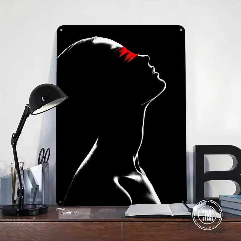 Woman's Profile With Red Blindfold Printed Poster Customized Retro Wall Art Vintage Metal Tin Signs for Home Custom Plate Garden