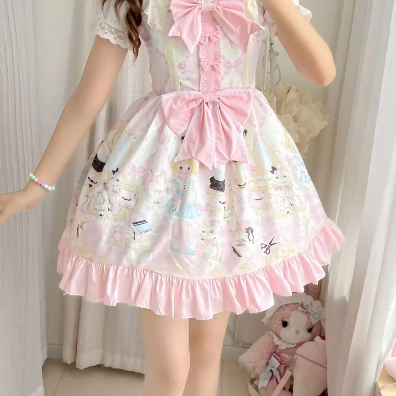 

Japanese Cartoon Printed Bow Patchwork Sweet Girl Dress Spring Summer Princess Dress Original Lolita Cute Jk Strap Dress Women